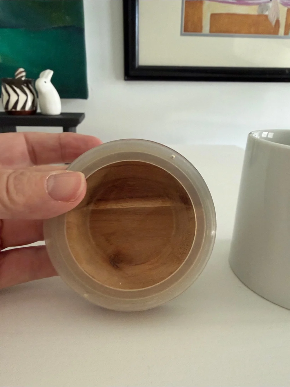 White Ceramic Kitchen Canister with Brown Mushroom Graphic and Wood Lid